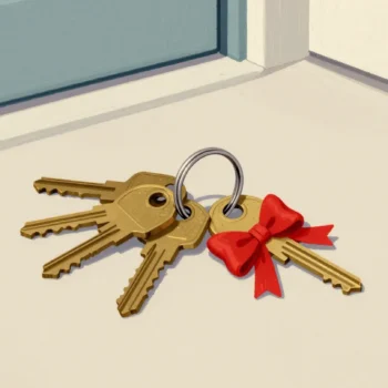 A ring of plain brass keys on a doormat, one key with a vermilion painted bow standing out from the rest.