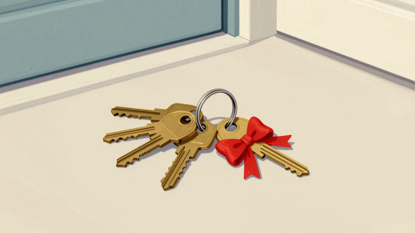 A ring of plain brass keys on a doormat, one key with a vermilion painted bow standing out from the rest.