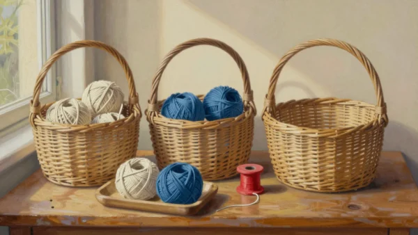 Two wicker baskets hold cream and blue twine balls beside an empty basket and a small shared tray.