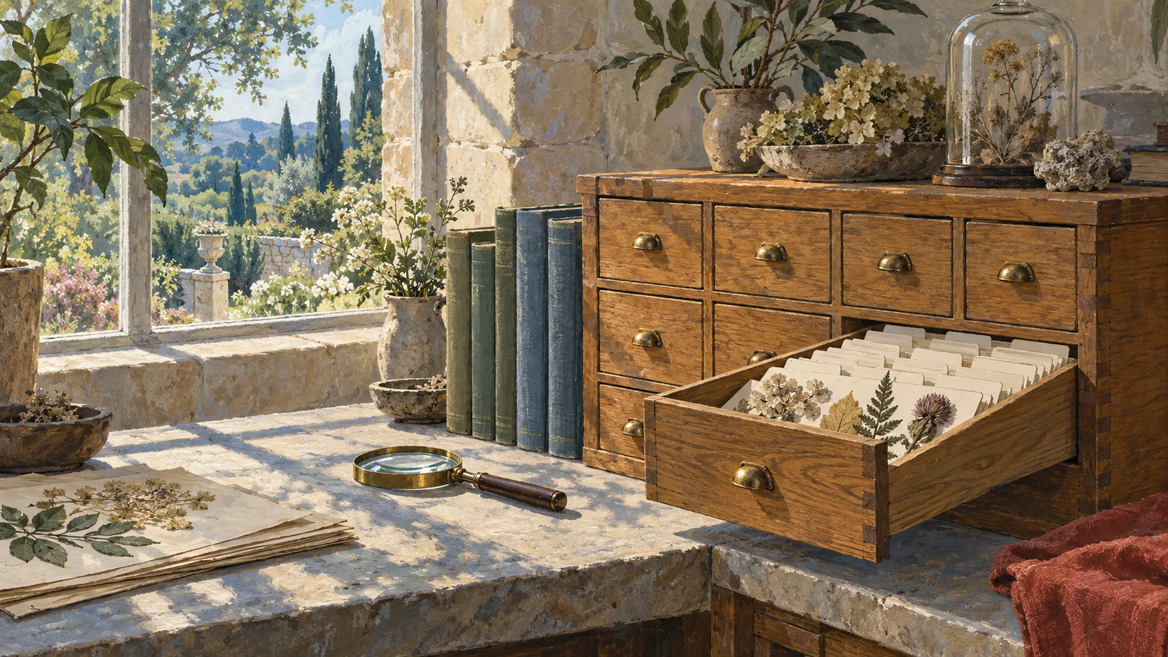An open wooden catalogue drawer holds botanical cards beside books and a magnifying glass.