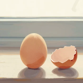 Gouache painting: on a turner's bench, a plain solid wooden egg sits whole beside a second egg that splits in two halves