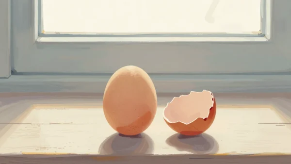 Gouache painting: on a turner's bench, a plain solid wooden egg sits whole beside a second egg that splits in two halves