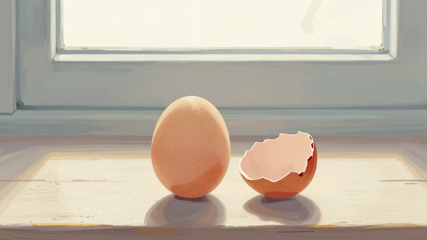 Gouache painting: on a turner's bench, a plain solid wooden egg sits whole beside a second egg that splits in two halves