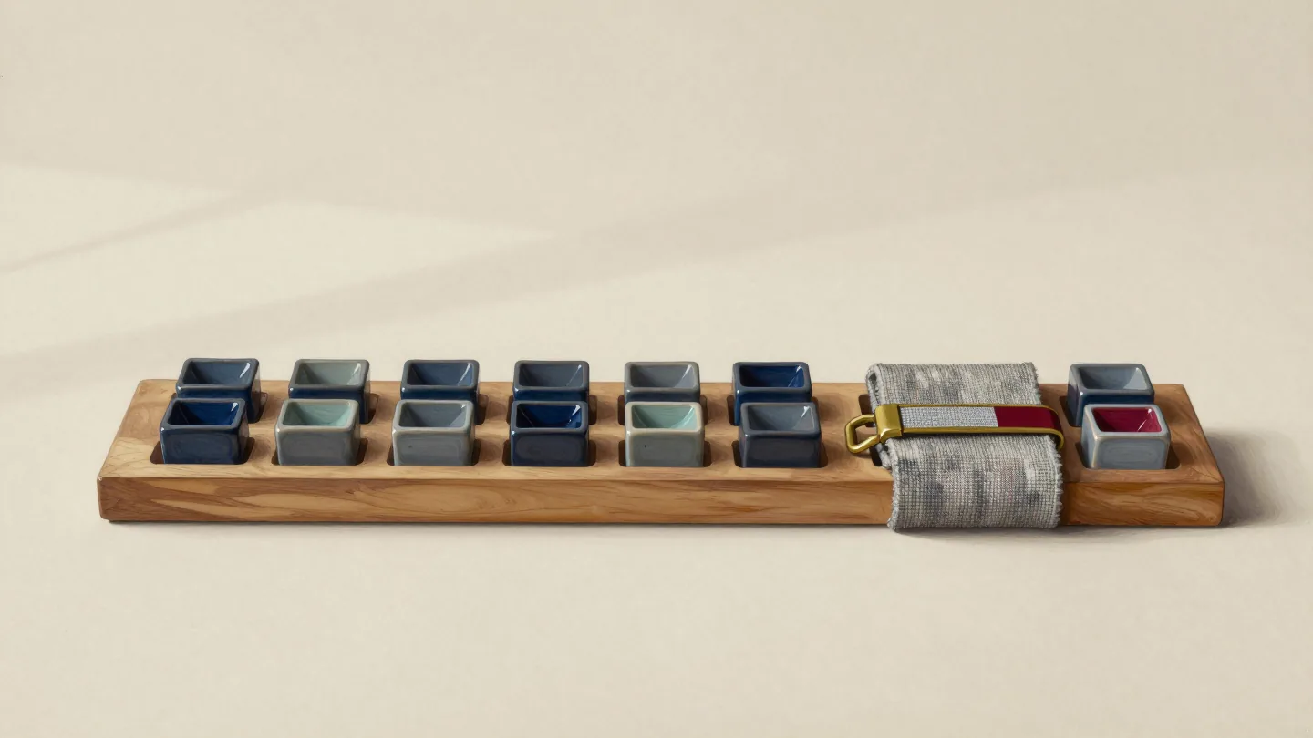Two rows of small ceramic vessels on a wooden tray beside folded woven cloth with a brass clasp.