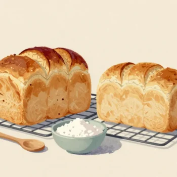 Two loaves from the same recipe cool on a rack, one tall and golden, the other low and pale.