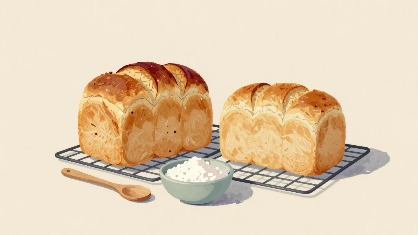 Two loaves from the same recipe cool on a rack, one tall and golden, the other low and pale.
