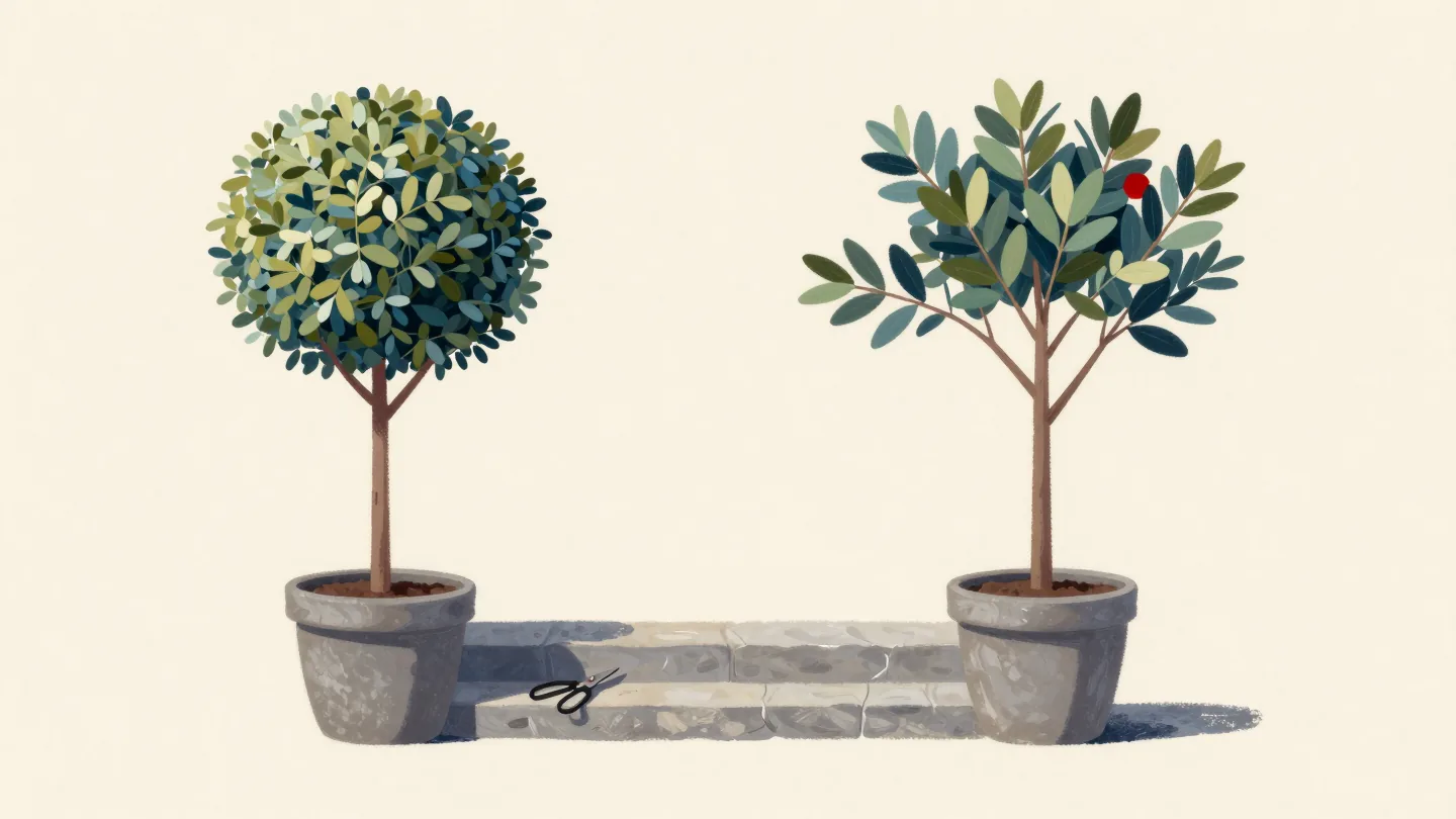 Two matching potted bay trees by a step, one clipped round and one grown lopsided with a stray branch.