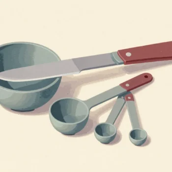 A knife leveling flour in the smallest of a set of measuring spoons