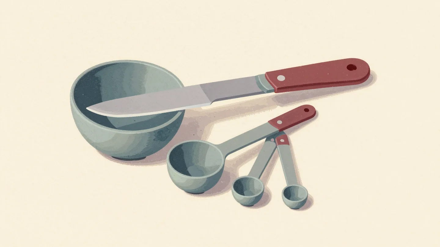 A knife leveling flour in the smallest of a set of measuring spoons