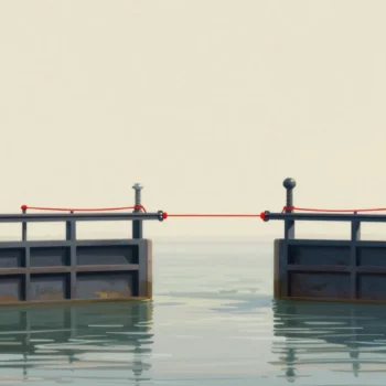 Gouache painting: two river sluice gates stand side by side