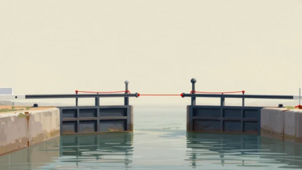 Gouache painting: two river sluice gates stand side by side