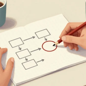 Two people at a desk, one pointing a pencil at a circled box in a hand-drawn diagram