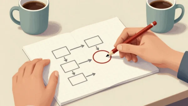 Two people at a desk, one pointing a pencil at a circled box in a hand-drawn diagram