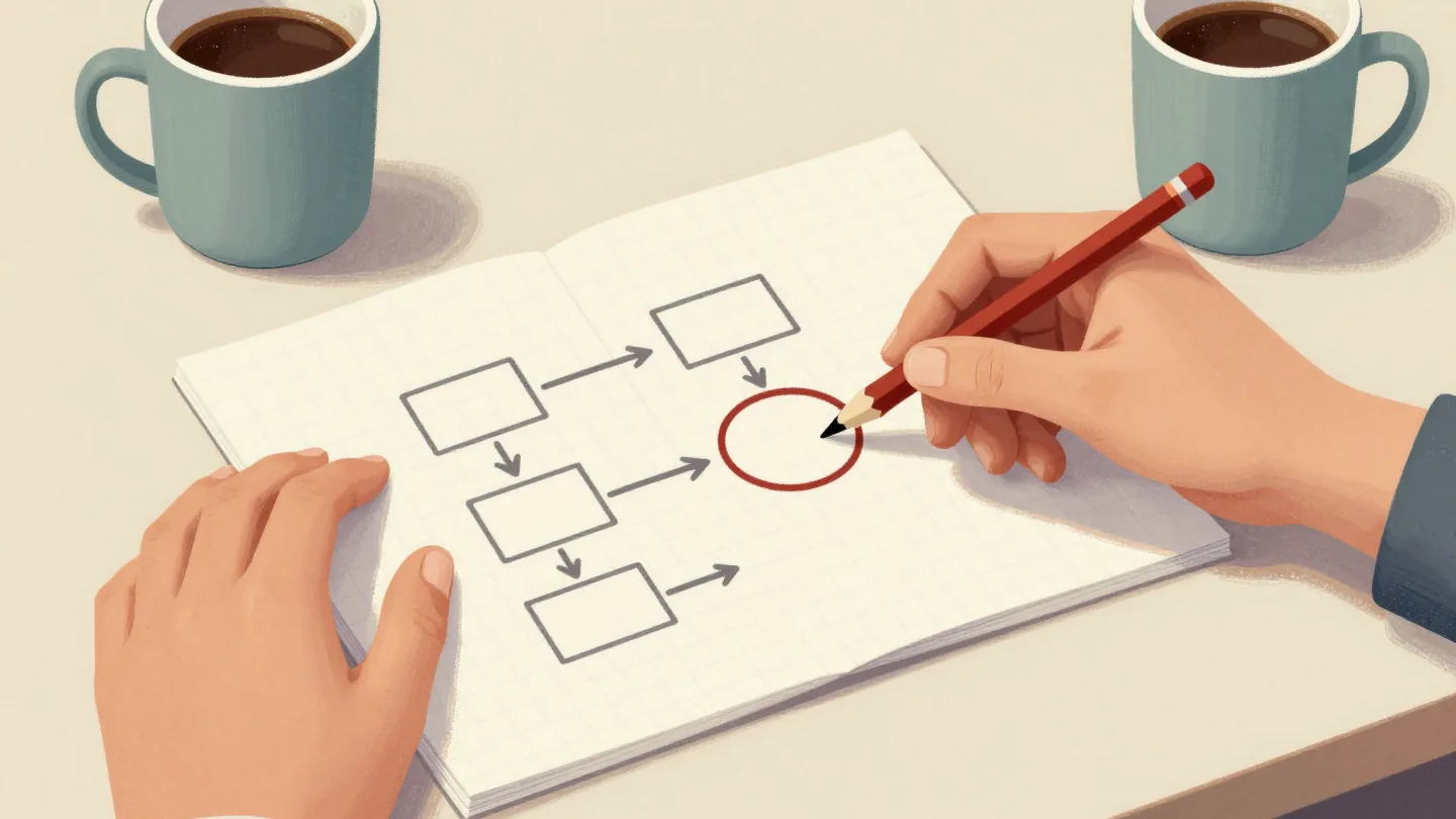 Two people at a desk, one pointing a pencil at a circled box in a hand-drawn diagram