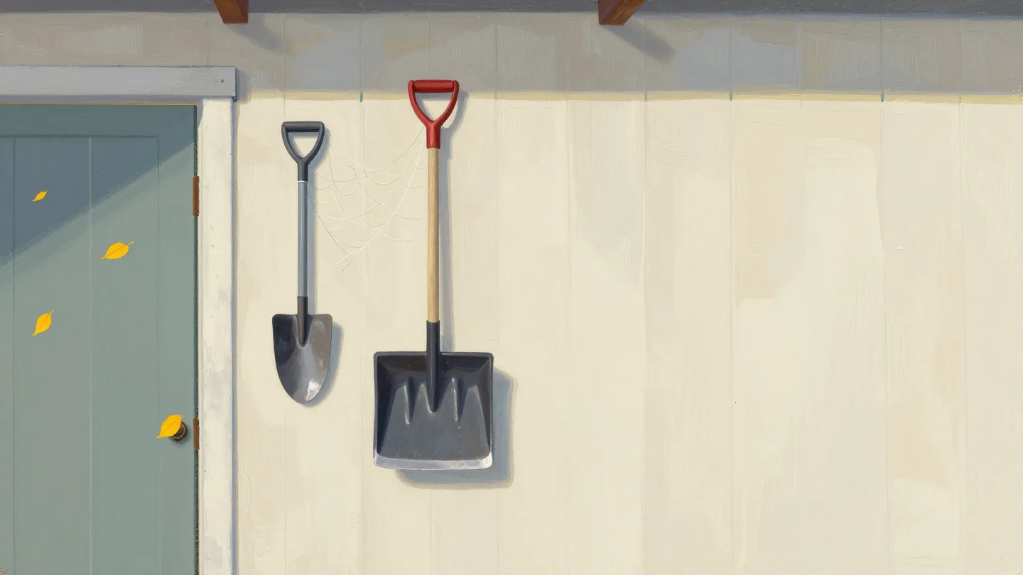 A dusty snow shovel hanging in a summer garden shed beside well-used trowels, early autumn leaves outside.