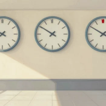 Three round wall clocks side by side in a station hall, each showing a different hour, morning light on the tiles.