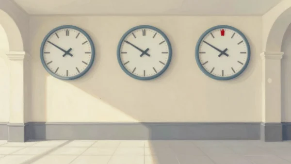 Three round wall clocks side by side in a station hall, each showing a different hour, morning light on the tiles.