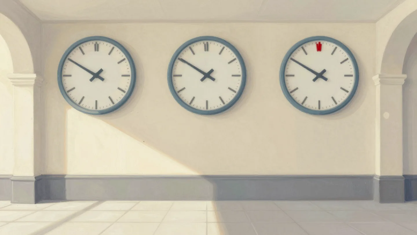 Three round wall clocks side by side in a station hall, each showing a different hour, morning light on the tiles.