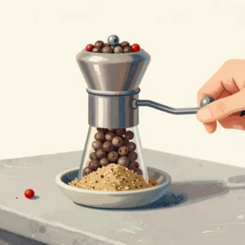 A hand turning a spice grinder that turns whole peppercorns into fine powder