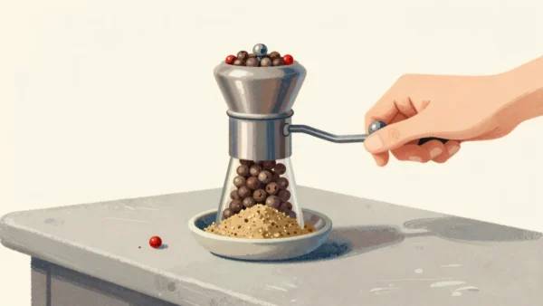 A hand turning a spice grinder that turns whole peppercorns into fine powder