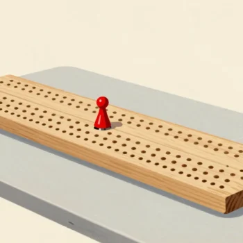 A wooden cribbage board on a cafe table, a red peg marking where play stopped