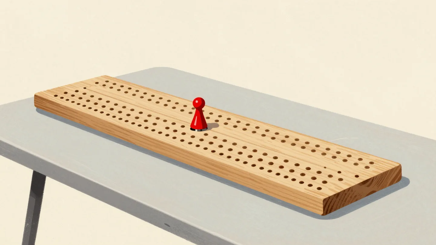 A wooden cribbage board on a cafe table, a red peg marking where play stopped