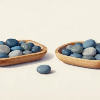 Two wooden trays of blue and pale stones, with one loose blue stone between them.