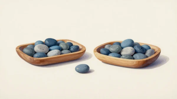 Two wooden trays of blue and pale stones, with one loose blue stone between them.