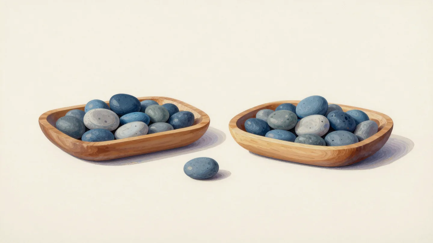 Two wooden trays of blue and pale stones, with one loose blue stone between them.