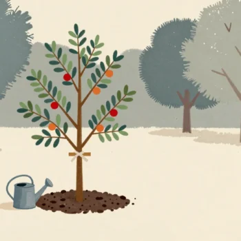 A young tree newly planted and loosely tied to a wooden stake, with a watering can nearby and older trees behind.