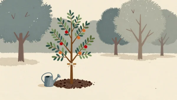 A young tree newly planted and loosely tied to a wooden stake, with a watering can nearby and older trees behind.