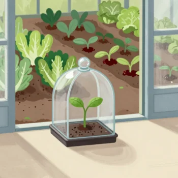 A seedling under a glass cloche on a greenhouse bench, with a vegetable garden visible through the open door.
