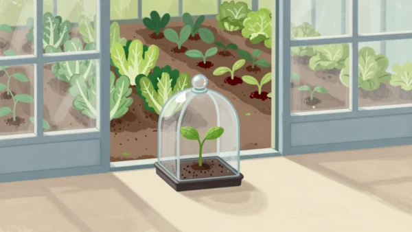 A seedling under a glass cloche on a greenhouse bench, with a vegetable garden visible through the open door.