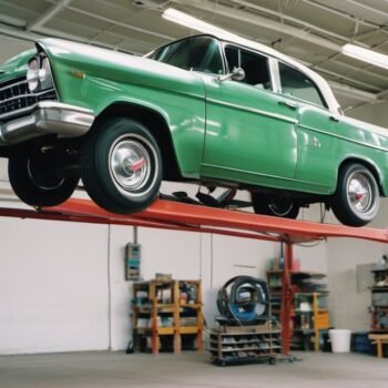 Classic car raised on a garage inspection lift, checked before anything gets fixed