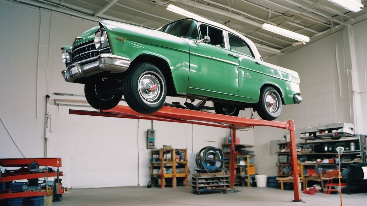 Classic car raised on a garage inspection lift, checked before anything gets fixed