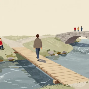 A narrow footbridge with one walker crossing and two waiting on the bank, a wider stone bridge further downstream