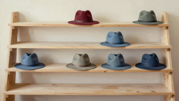 Red, blue and gray felt hats share different levels of a wooden display shelf.