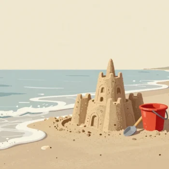 A sandcastle at the water's edge with a spade and red bucket beside it as the first wave fills its moat.