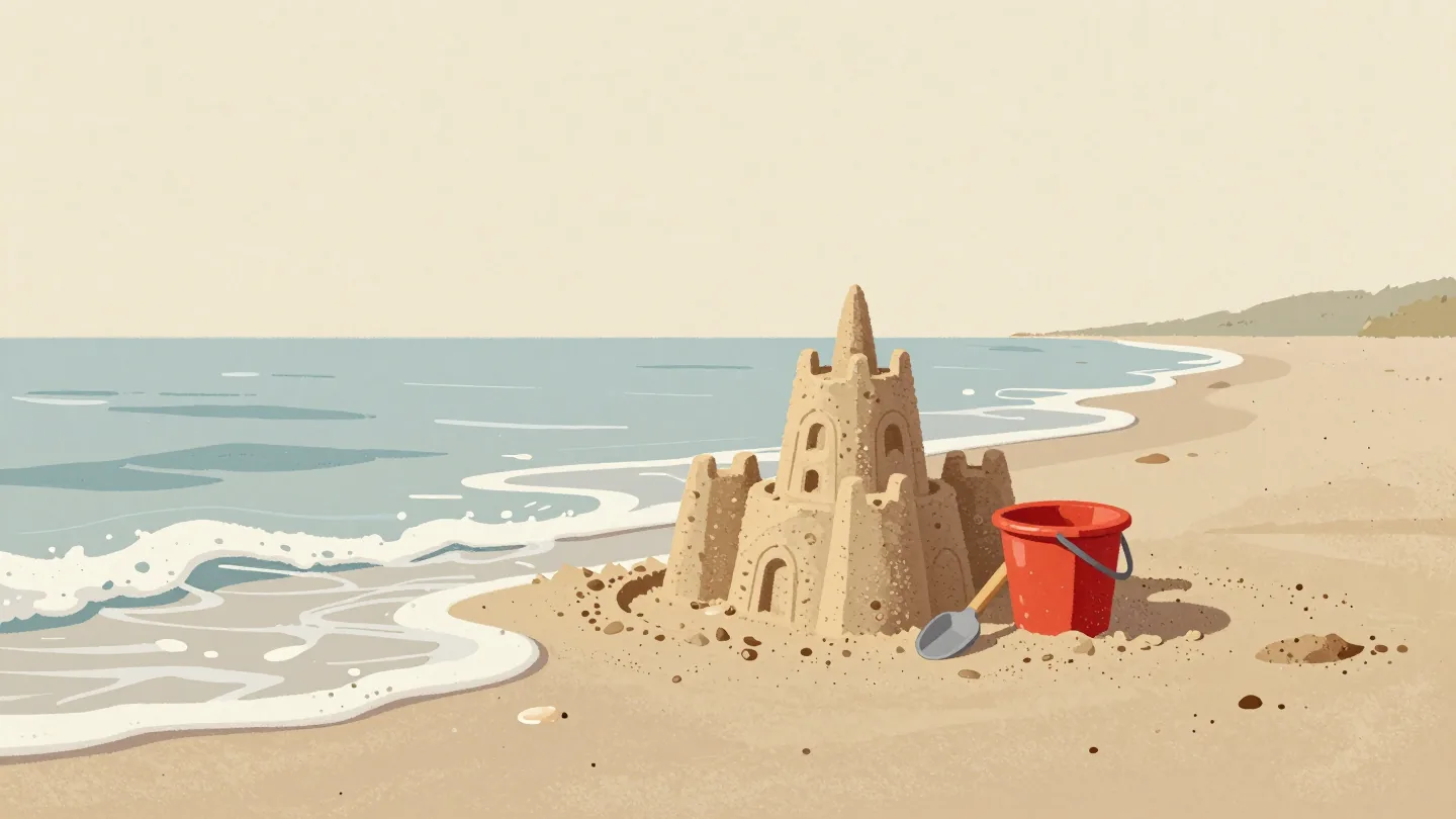 A sandcastle at the water's edge with a spade and red bucket beside it as the first wave fills its moat.