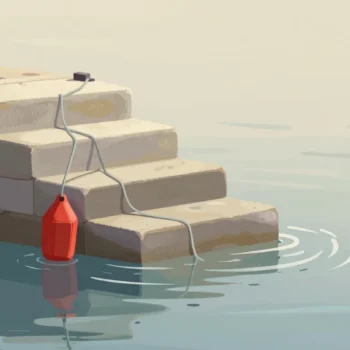 Gouache painting: at a harbor quay, stone steps run down into calm water, with the waterline as zero