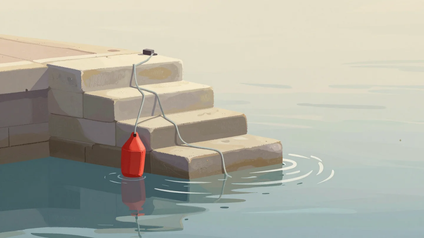Gouache painting: at a harbor quay, stone steps run down into calm water, with the waterline as zero