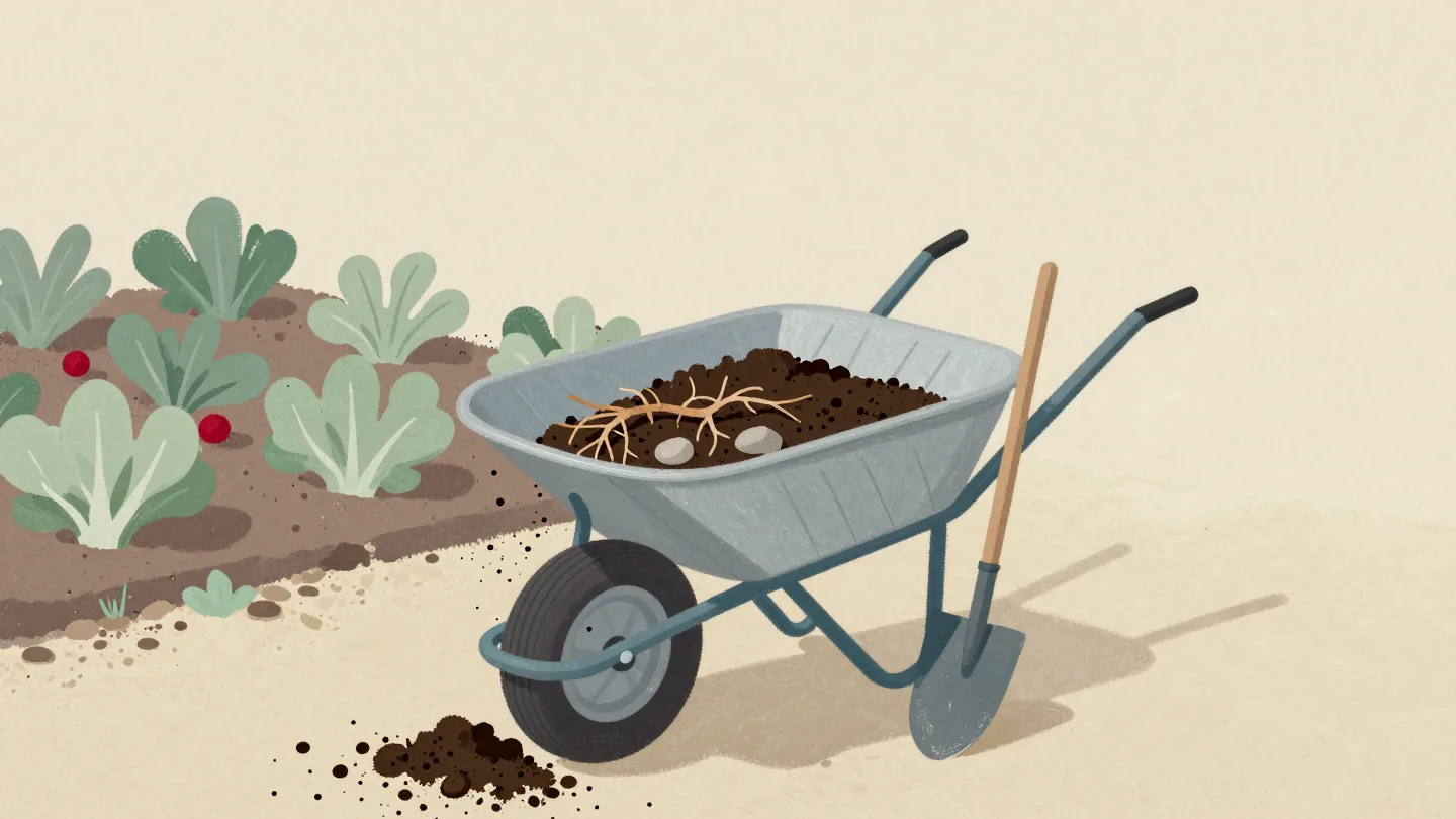 A soil sieve over a wheelbarrow, fine soil fallen through while stones and roots stay caught on the mesh.
