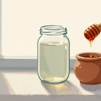 Gouache painting: a tall glass honey jar stands filled nearly to its original line
