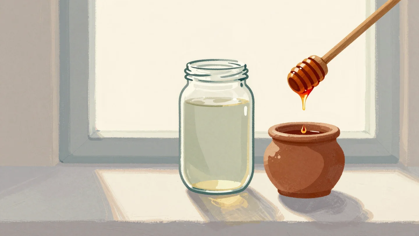 Gouache painting: a tall glass honey jar stands filled nearly to its original line