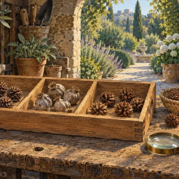 Three compartments of seed pods in an oak sorting tray beside a woven basket and magnifying glass.