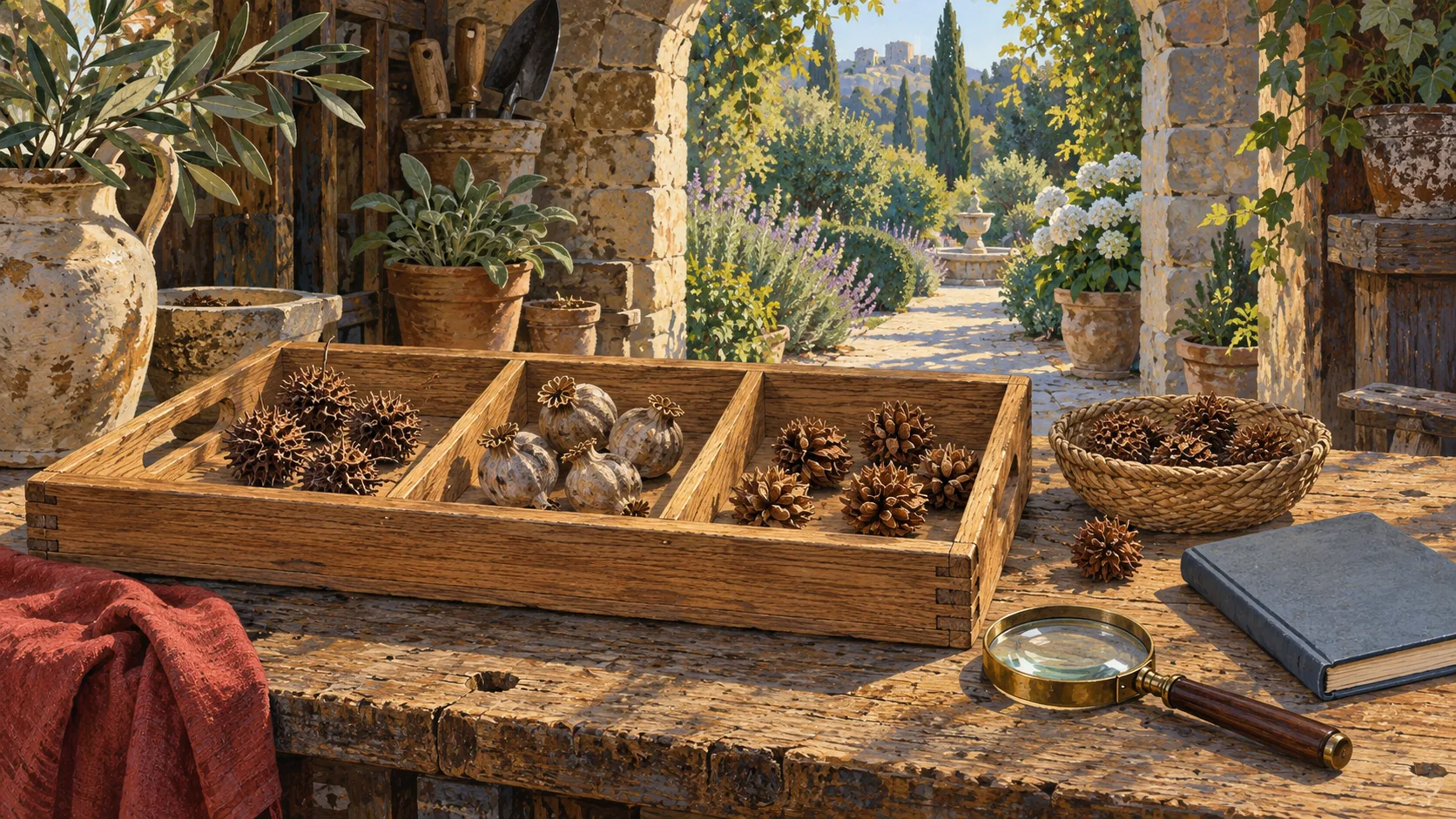 Three compartments of seed pods in an oak sorting tray beside a woven basket and magnifying glass.