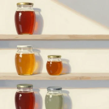 Gouache painting: on three barn shelves stand jars of honey from one harvest