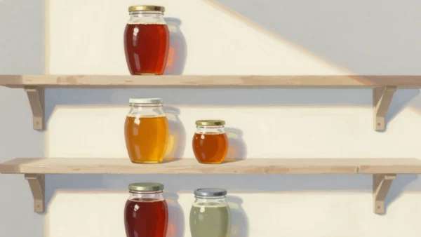 Gouache painting: on three barn shelves stand jars of honey from one harvest