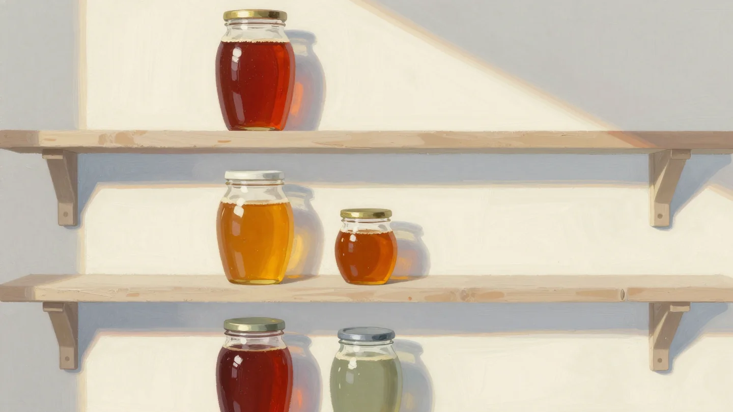Gouache painting: on three barn shelves stand jars of honey from one harvest