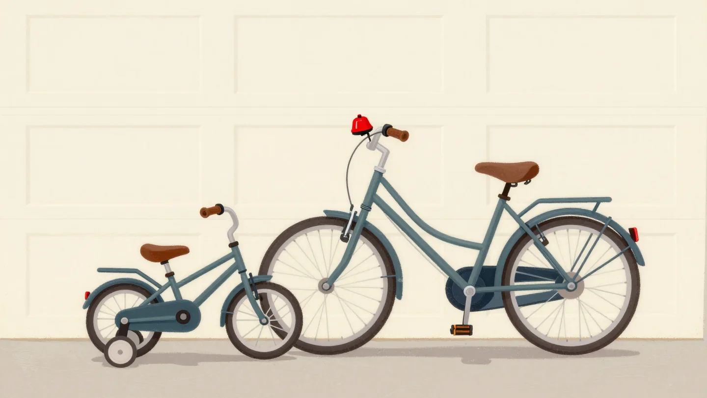 A child's bicycle beside a full-size one, a hand moving a red bell that does not quite fit the bigger handlebar